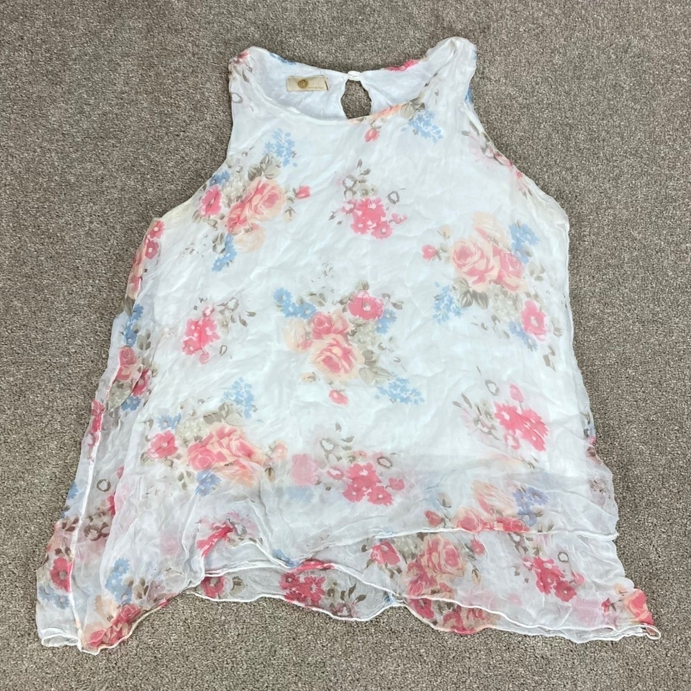 M Silk Sheer Floral Tank Top Women S White Pink Flowy Ethereal Summer Vacay Chic